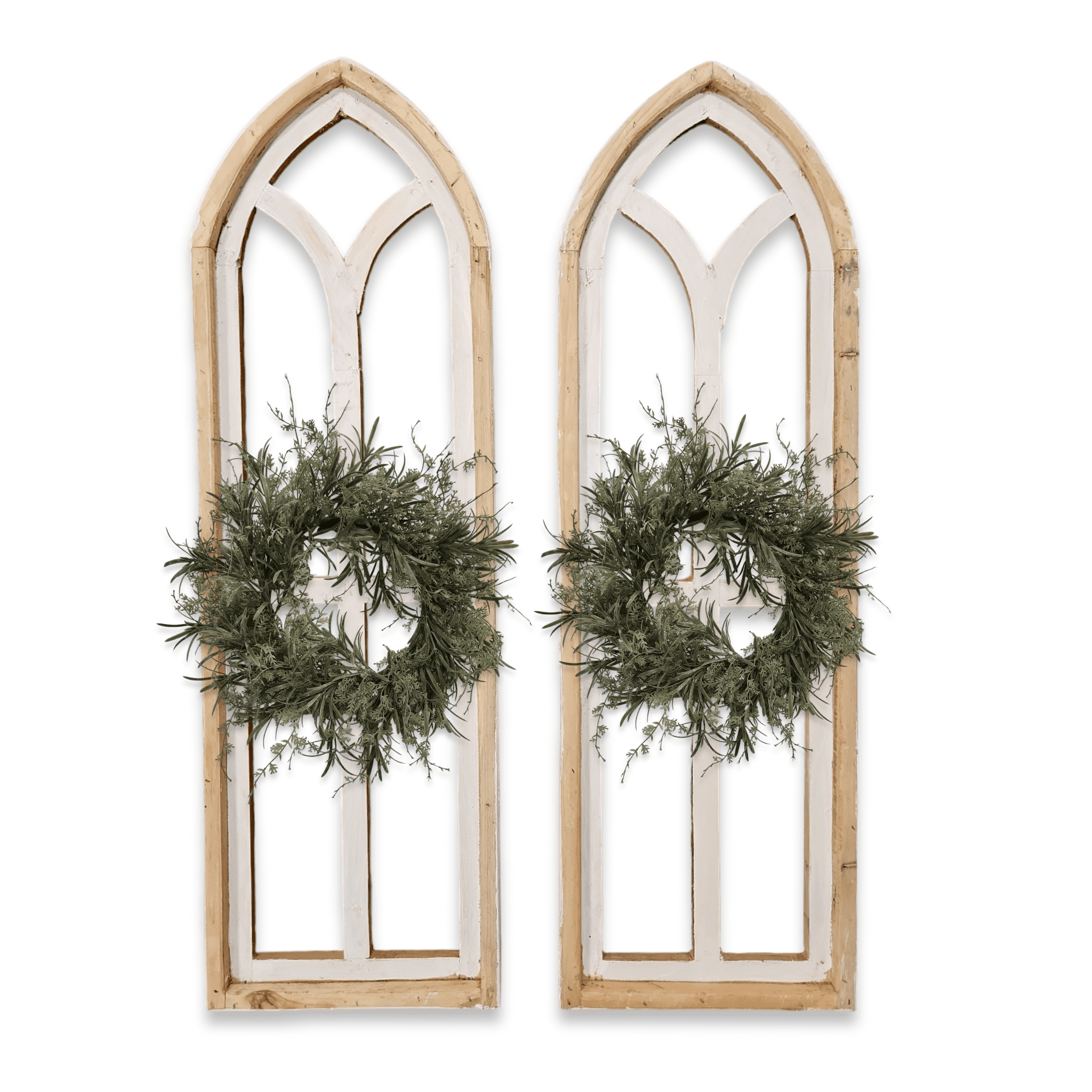 The Ivory Point Farmhouse Wooden Wall Window Arches Set of 2 -3 Sizes - Rustic Cathedral Wood Windows- Ivory Point wall windowsRanch Junkie